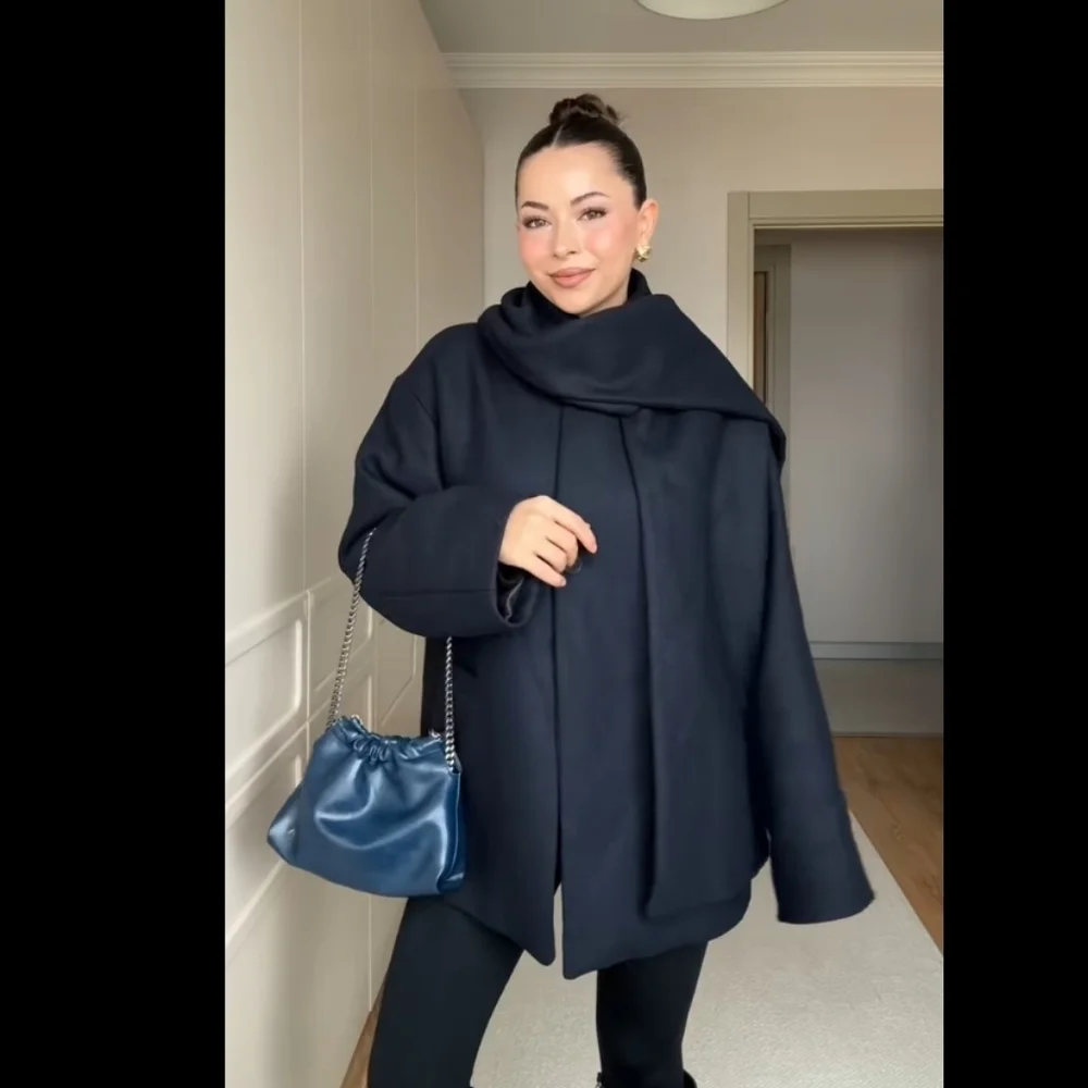 ZARA WOOL BLEND SHORT COAT WITH SCARF Navy Size XL